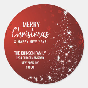 Sticker Rond RED White MERRY CHRISTMAS Tree Adresse de retour