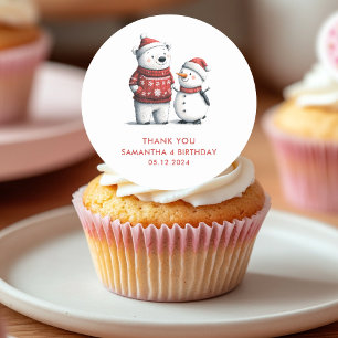 Sticker Rond Red Winter Bear & Snowmen Merci   Hiver