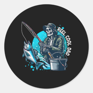 Sticker Rond Reel Cool Papa Drôle Skeleton Pêche Papa Père