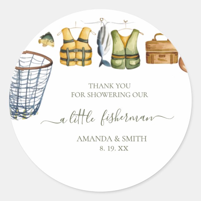 Sticker Rond Reel Excited Little Fisherman Baby Shower (Devant)