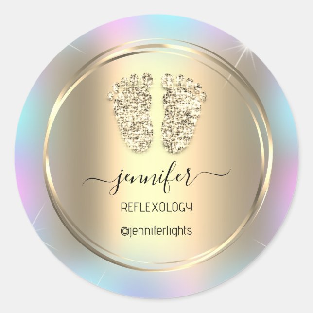 Sticker Rond Réflexologie Pieds Bébé Or Holographe Or (Devant)
