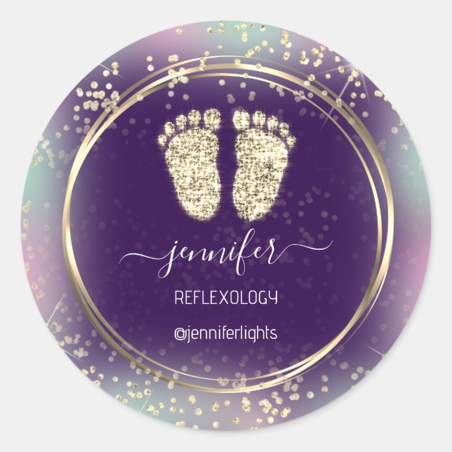 Sticker Rond Réflexologie Pieds Coeur Holographe Or Cadre pourp (Devant)