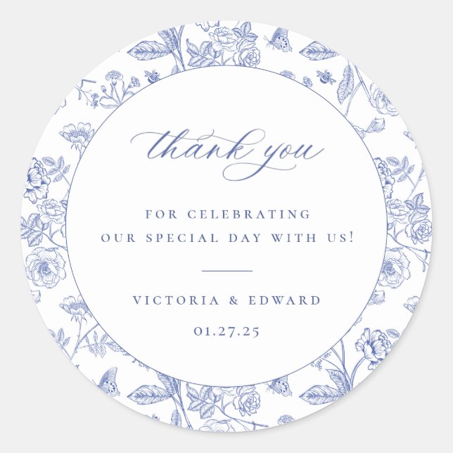 Sticker Rond Regency Blue Floral Mariage Merci (Devant)