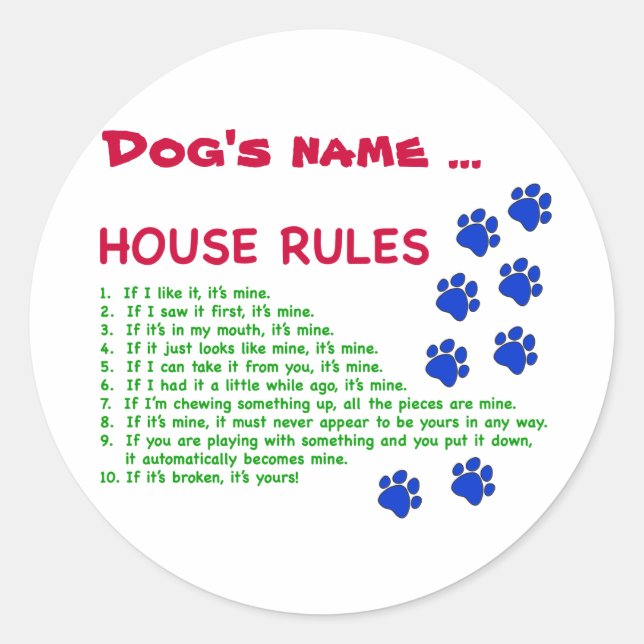Sticker Rond Règlement de la Chambre des Chiens - règles de vie (Devant)