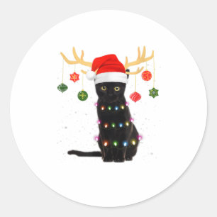Sticker Rond Reindeer Chat noir Santa Hat Noël L