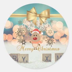 Sticker Rond Reindeer de Noël tendance, Bow d'or Faux, Bokeh