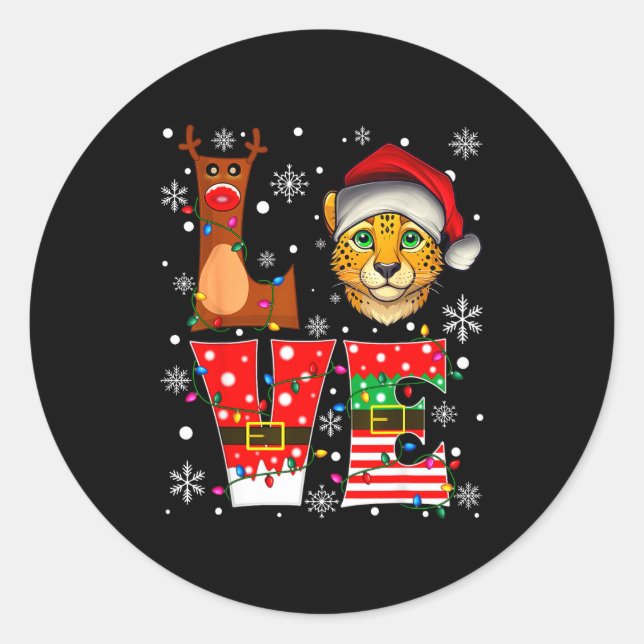 Sticker Rond Reindeer Elf Santa Hat Love Cheetah Animal Xmas  (Devant)