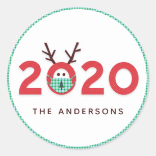 Sticker Rond Reindeer Masqué 2020 Custom Holiday Red Green