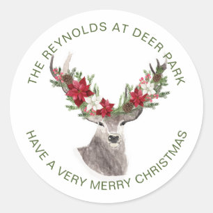 Sticker Rond Reindeer, Noël Poinsettia