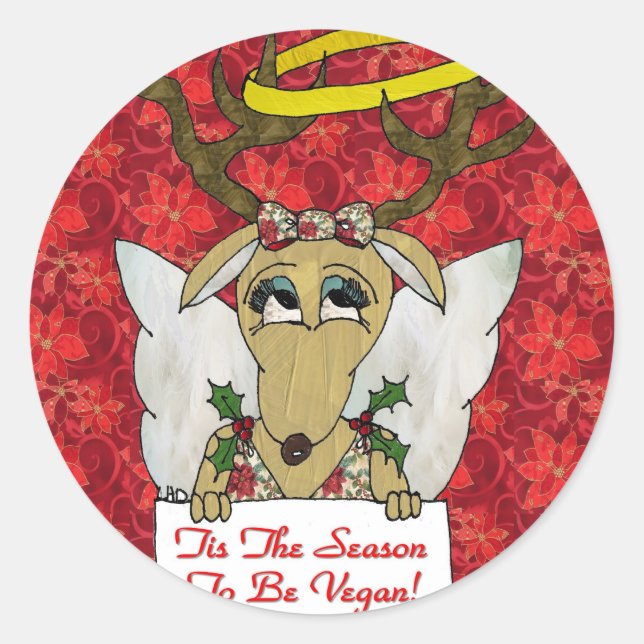 Sticker Rond Reindeer Tis the Season to be Vegan Cadeaux Vêteme (Devant)