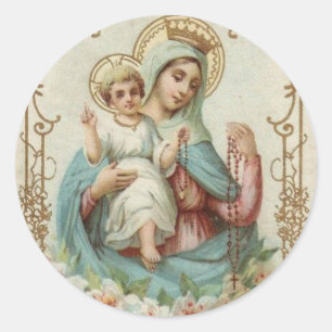 Sticker Rond Reine couronnée du Ciel Enfant Jésus avec Rosaire