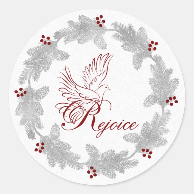 Sticker Rond Réjouissez-vous avec Dove Silver Holiday Wreath (Devant)