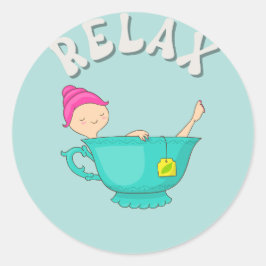 Sticker Rond Relax Girl in Cup of Tea Meditation Time