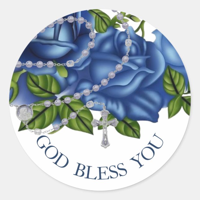 Sticker Rond Religieux Bleu Roses Rosaire Elegant Cross (Devant)