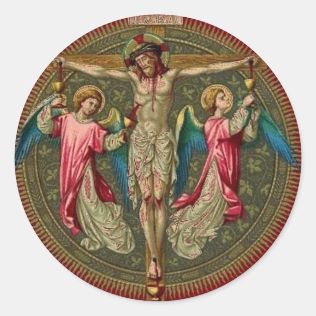 Sticker Rond Religieux Catholique Jésus Crucifixion Angels (Devant)