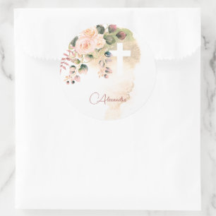 Sticker Rond Religieux Elegant Rose Pink Wash Cross