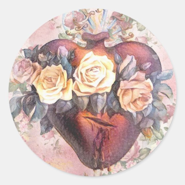 Sticker Rond Religieux Immaculé Coeur Vierge Marie Roses (Devant)