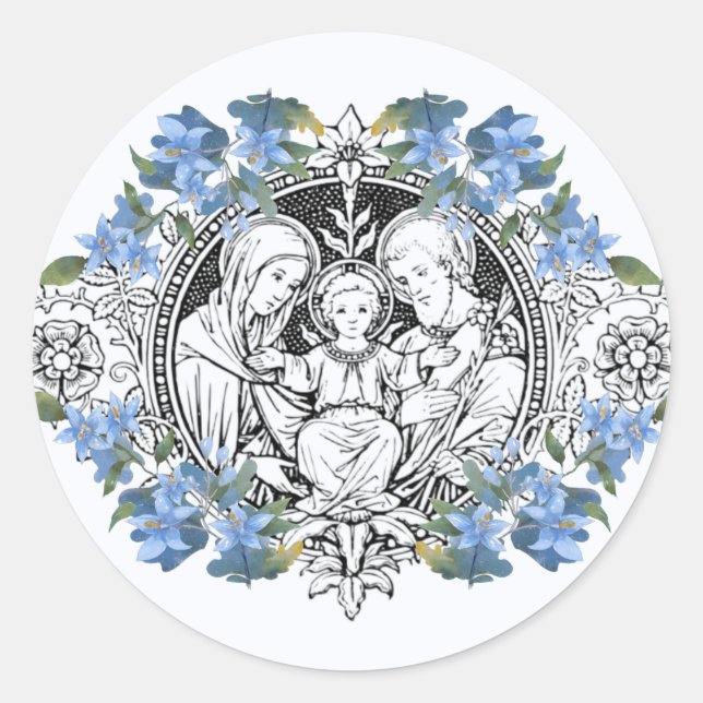 Sticker Rond Religieux Sainte Famille Élégant Bleu Floral (Devant)