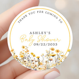 Sticker Rond Remerciement Baby Shower Bohème Fleur Sauvage Jaun