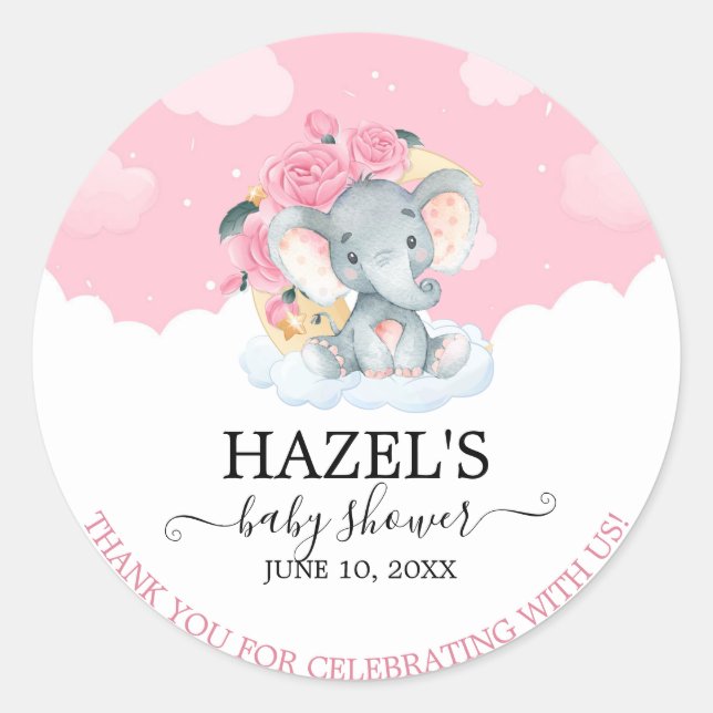 Sticker Rond Remerciement Baby Shower Éléphant Floral Rose (Devant)