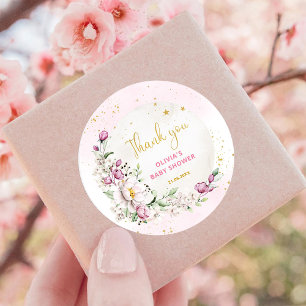Sticker Rond Remerciement Baby Shower Fleurie Lune Rose