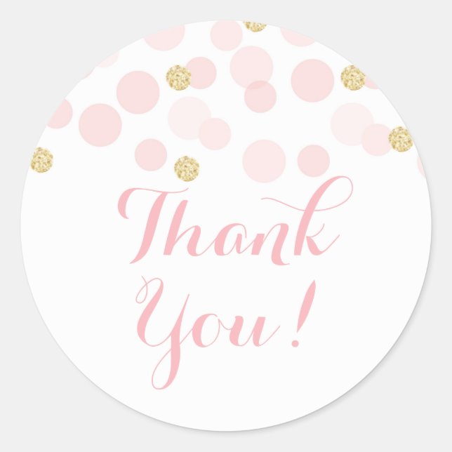 Sticker Rond Remerciement Baby Shower Points Dorés Rose (Devant)