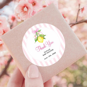 Sticker Rond Remerciement de Baby Shower Coquette Rose Citron