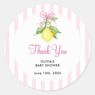 Sticker Rond Remerciement de Baby Shower Coquette Rose Citron