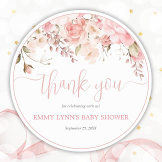 Sticker Rond Remerciement de Baby Shower Écriture Rose Pâle
