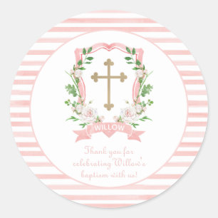 Sticker Rond Remerciement de baptême floral rose