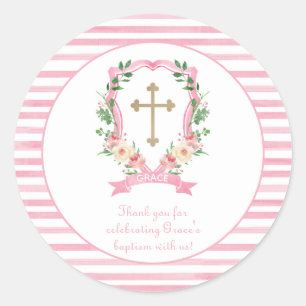 Sticker Rond Remerciement de baptême floral rose