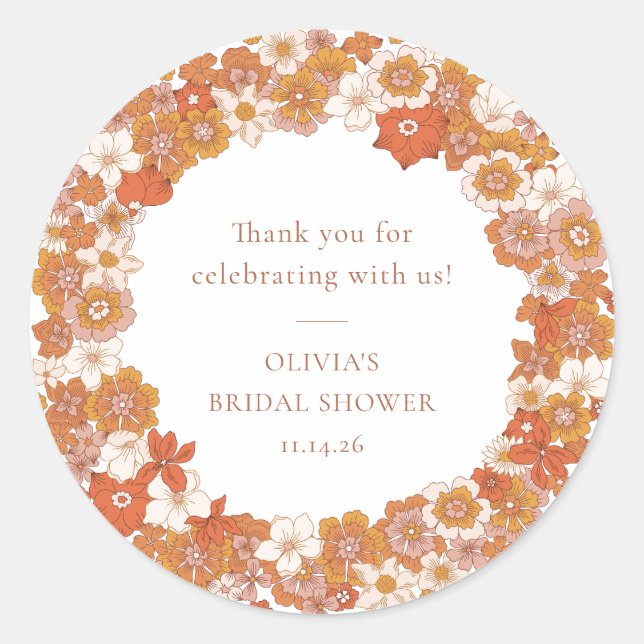 Sticker Rond Remerciement de Fête de Mariage Floral Orange Boho (Devant)