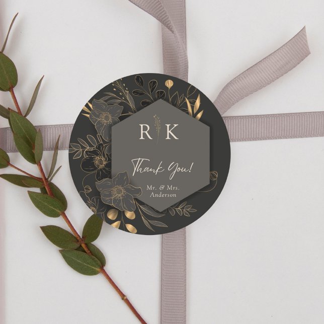 Sticker Rond Remerciement de mariage à monogramme floral or lux (Créateur téléchargé)