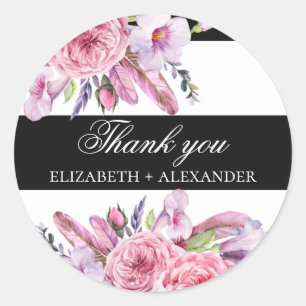 Sticker Rond Remerciement de mariage bohème rose fleurs et plum