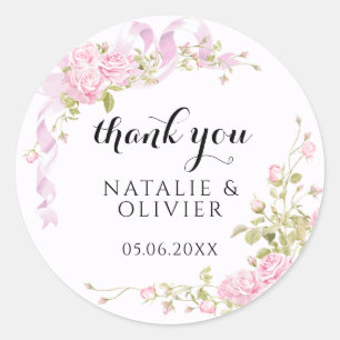 Sticker Rond Remerciement de mariage chic avec des roses roses 
