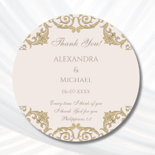 Sticker Rond Remerciement de mariage chrétien baroque rose pous