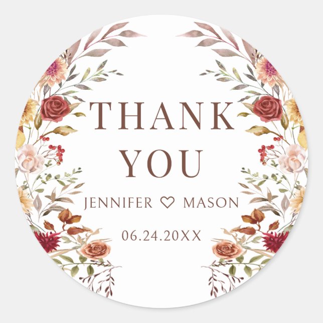 Sticker Rond Remerciement de mariage floral d'automne bohème (Devant)