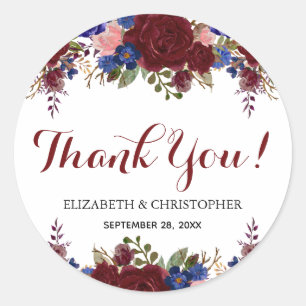 Sticker Rond Remerciement de mariage floral Navy Marsala