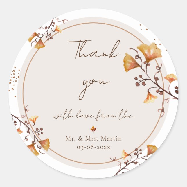 Sticker Rond Remerciement de mariage pour feuille d'automne dor (Devant)