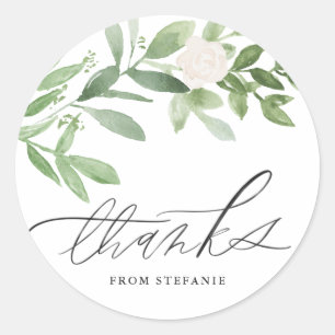 Sticker Rond Remerciement Fleur Blanche et Feuillage Aquarelle