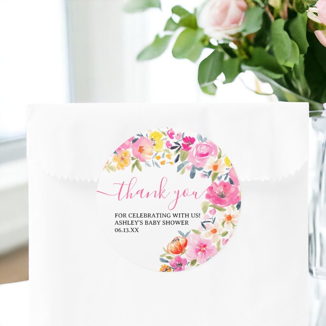 Sticker Rond Remerciement floral aquarelle bohème audacieux (Bohemian bold floral watercolor thank you classic round sticker)