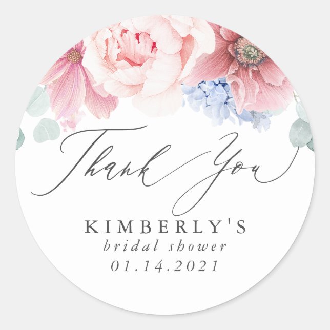 Sticker Rond Remerciement floral Rose Poussiéreuse et Bleu Pous (Devant)