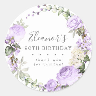 Sticker Rond Remerciement pour 90e anniversaire Fleurs Violette