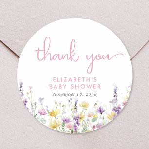 Sticker Rond Remerciement pour Baby Shower aquarelle Bohème Fle