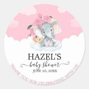 Sticker Rond Remerciement pour Baby Shower Fille Éléphant Flora