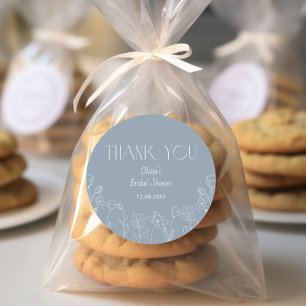 Sticker Rond Remerciement pour Baby Shower Fleur Bleu Poussiére