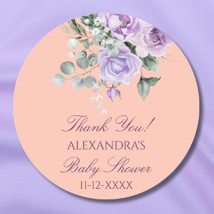Sticker Rond Remerciement pour Baby Shower Fleur de Pêche Lilac
