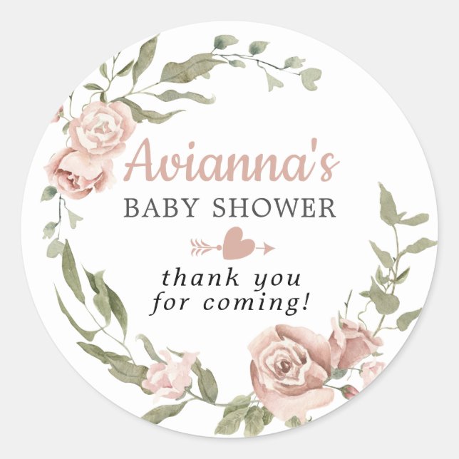 Sticker Rond Remerciement pour Baby Shower Fleur Rose Rustique  (Devant)