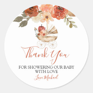 Sticker Rond Remerciement pour Baby Shower Fleur Stroller Citro