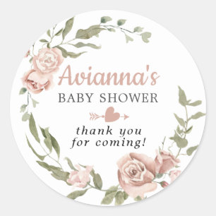 Sticker Rond Remerciement pour Baby Shower Fleurs Roses Rustiqu